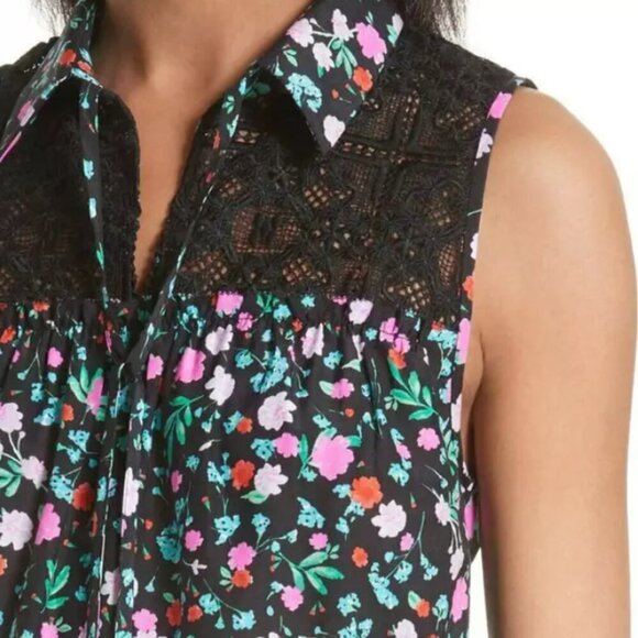 Kate Spade Floral Silk Cotton Blouse Womens Large Sleeveless Green Lace Peplum - Picture 6 of 9